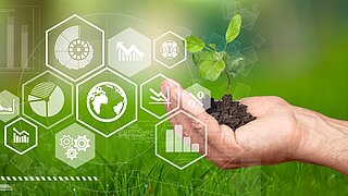 Hand mit Keimling und verschiedenen Icons