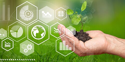 Hand mit Keimling und verschiedenen Icons