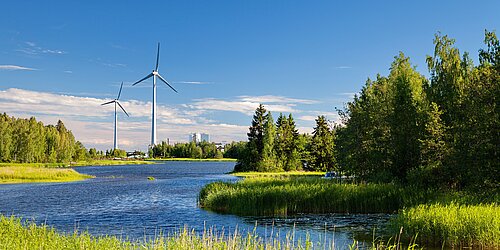 Wald, Wasser, Schilf und Windkraftanlage in Europa