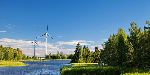 Wald, Wasser, Schilf und Windkraftanlage in Europa