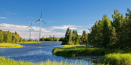 Wald, Wasser, Schilf und Windkraftanlage in Europa