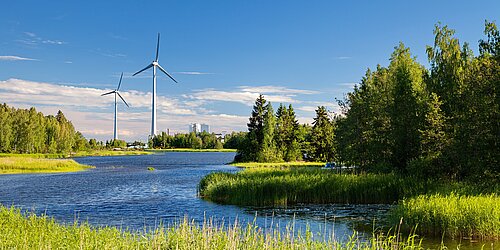 Wald, Wasser, Schilf und Windkraftanlage in Europa