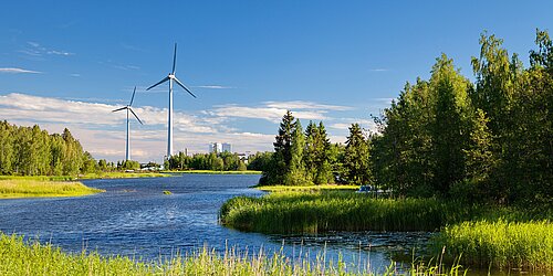 Wald, Wasser, Schilf und Windkraftanlage in Europa