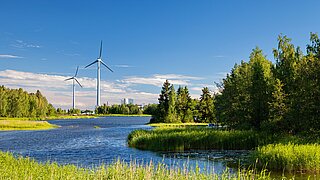 Wald, Wasser, Schilf und Windkraftanlage in Europa