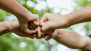 Vier Personen berühren sich mit ihren Fäusten in der Natur.
